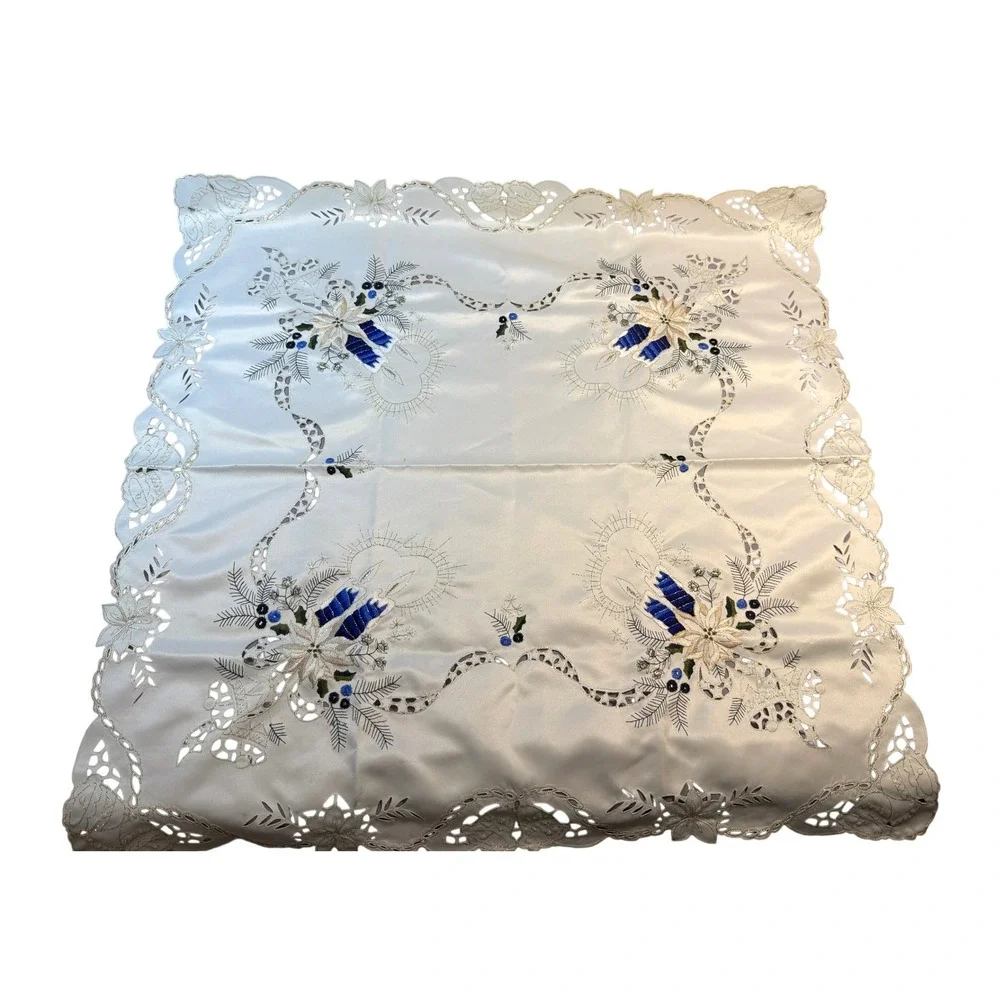 Vintage Embroidered Square Christmas Satin‎ Table Topper White & Blue Cottage